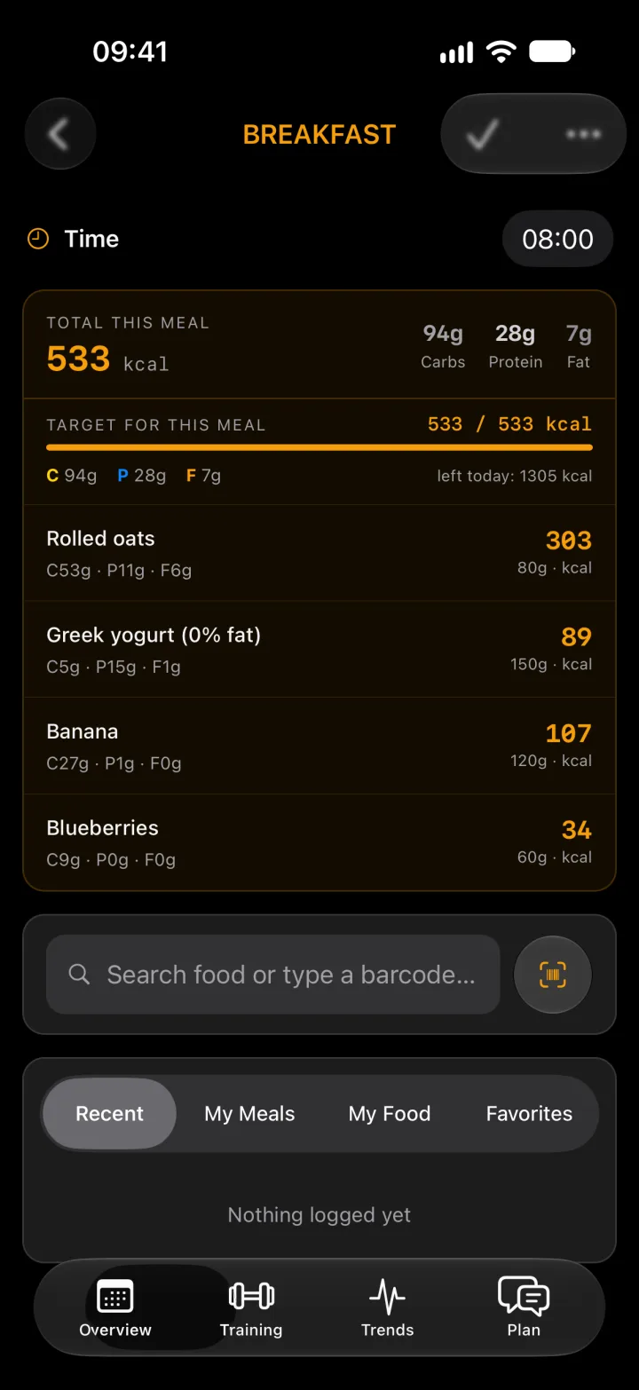 Breakfast in ToppedUp: rolled oats, Greek yogurt, a banana and blueberries, with calories and macros, and a search field with a barcode scanner.