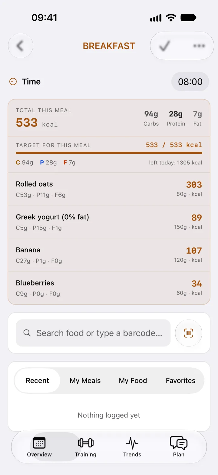 Breakfast in ToppedUp: rolled oats, Greek yogurt, a banana and blueberries, with calories and macros, and a search field with a barcode scanner.