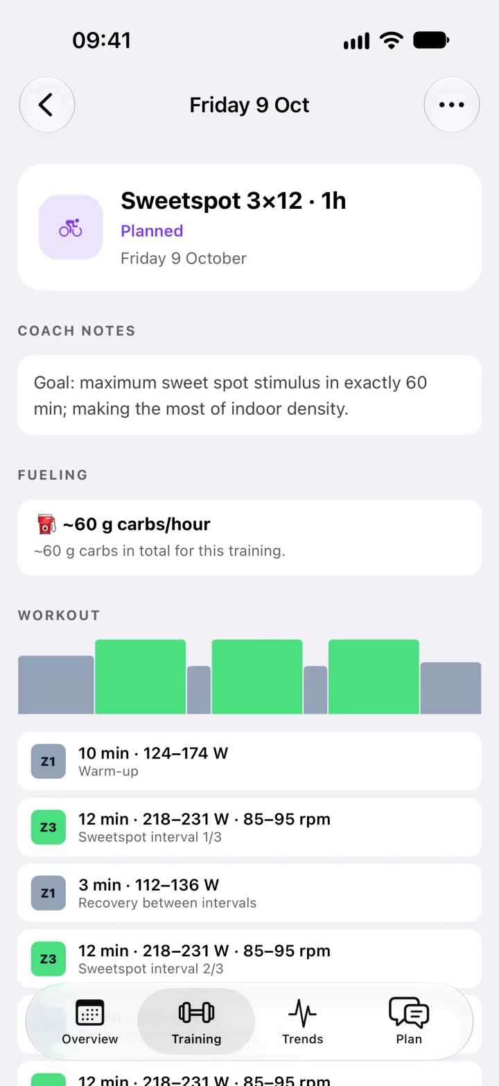 A planned sweet spot session: a coach note, about 60 g of carbs an hour, and a chart of three 12-minute intervals at 218 to 231 W.