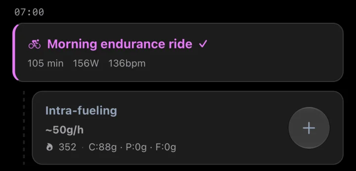 This morning’s endurance ride in ToppedUp, with its fuel: about 50 g of carbs an hour, 88 g in total.