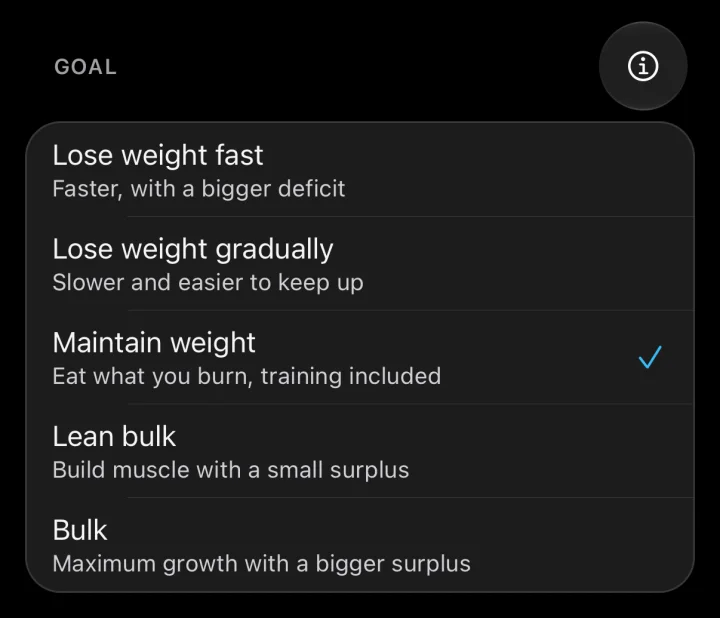 The goals in ToppedUp: lose weight fast or gradually, maintain weight, lean bulk or bulk.