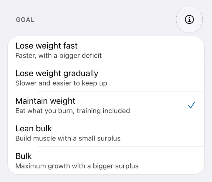 The goals in ToppedUp: lose weight fast or gradually, maintain weight, lean bulk or bulk.